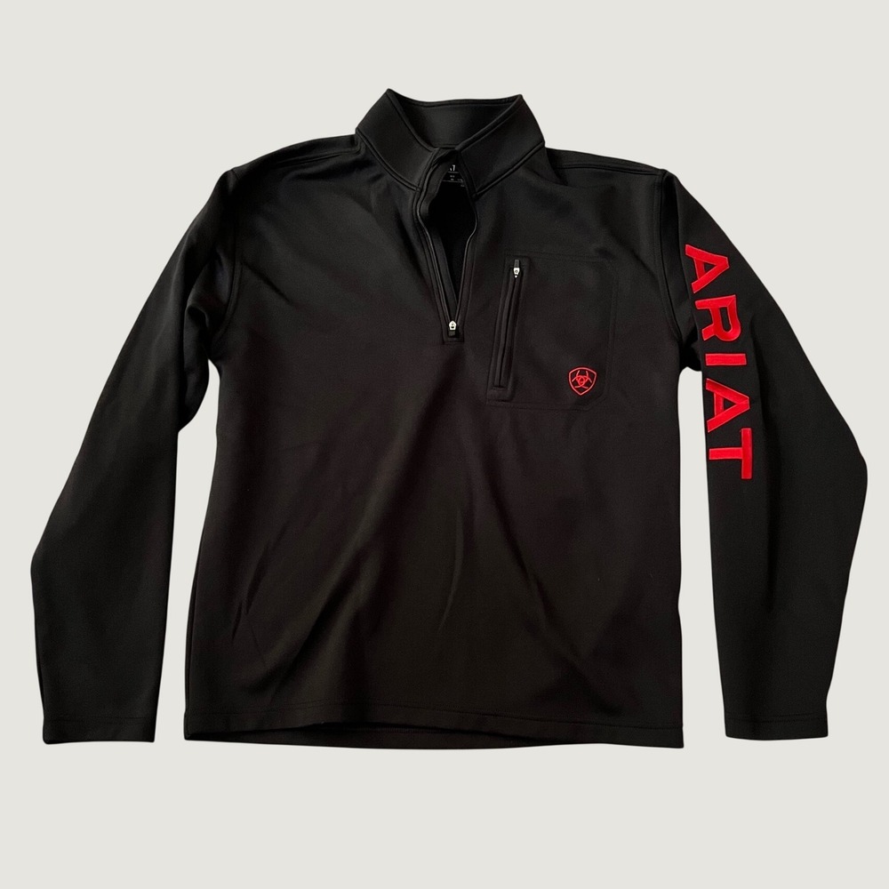 Ariat Quarter Zip Pullover Black Red Logo Sleeve Performance Mens Medium
